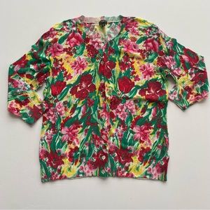 Talbots Petites Yellow Floral Tissue Weight Cardigan 3/4 Sleeves Cotton Blend M